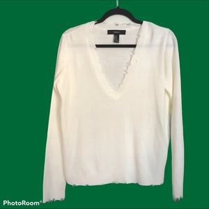 Distressed White V- Neck Knit Sweater, Medium